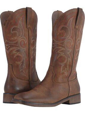 Women’s Western Cowgirl Mid Calf Square Toe Brown Embroidery Riding Boots